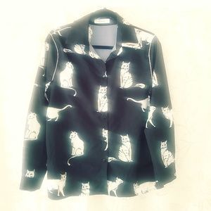 Cat Animal Print Black Yellow Top Blouse Small